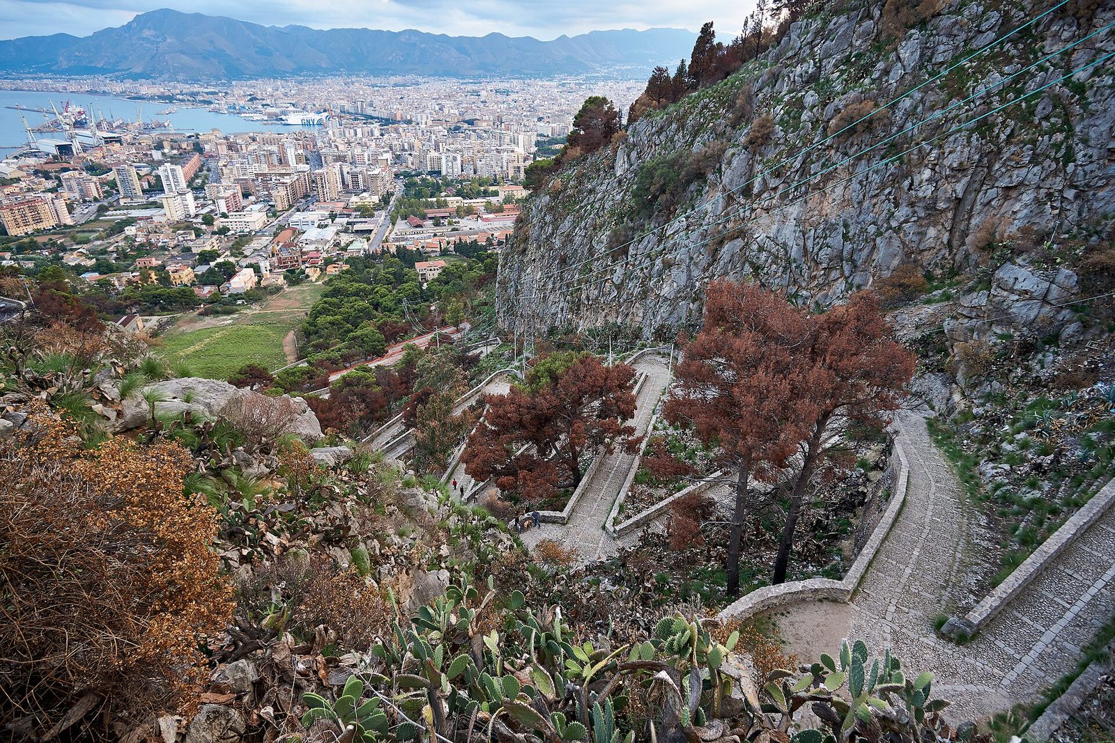 Veduta di Palermo dall'alto del Monte Pellegrino, con il porto, la città distesa nella piana e le montagne sullo sfondo