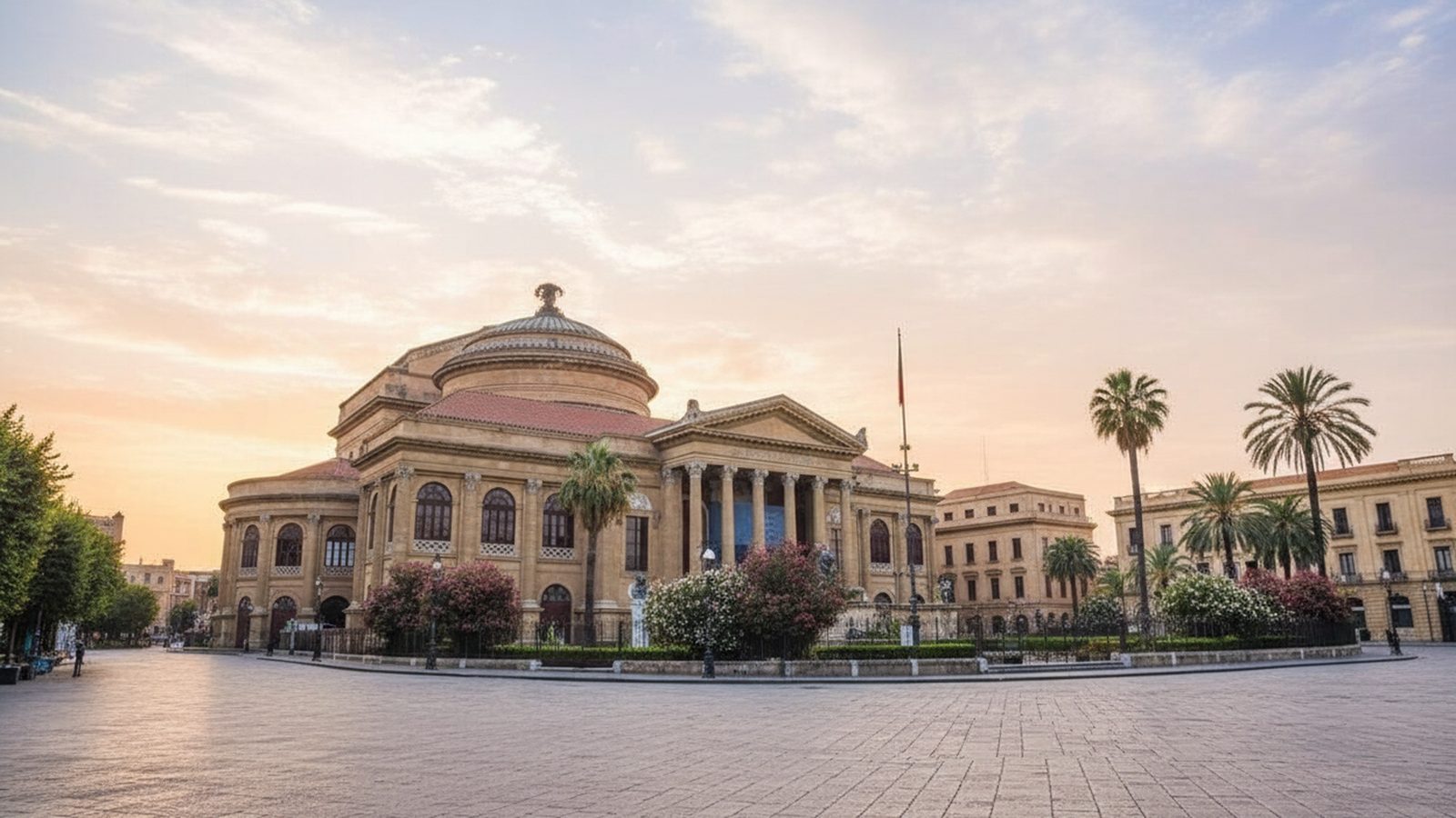 Il centro di Palermo all’alba, con la grande piazza, le palme e la cupola del Teatro Massimo