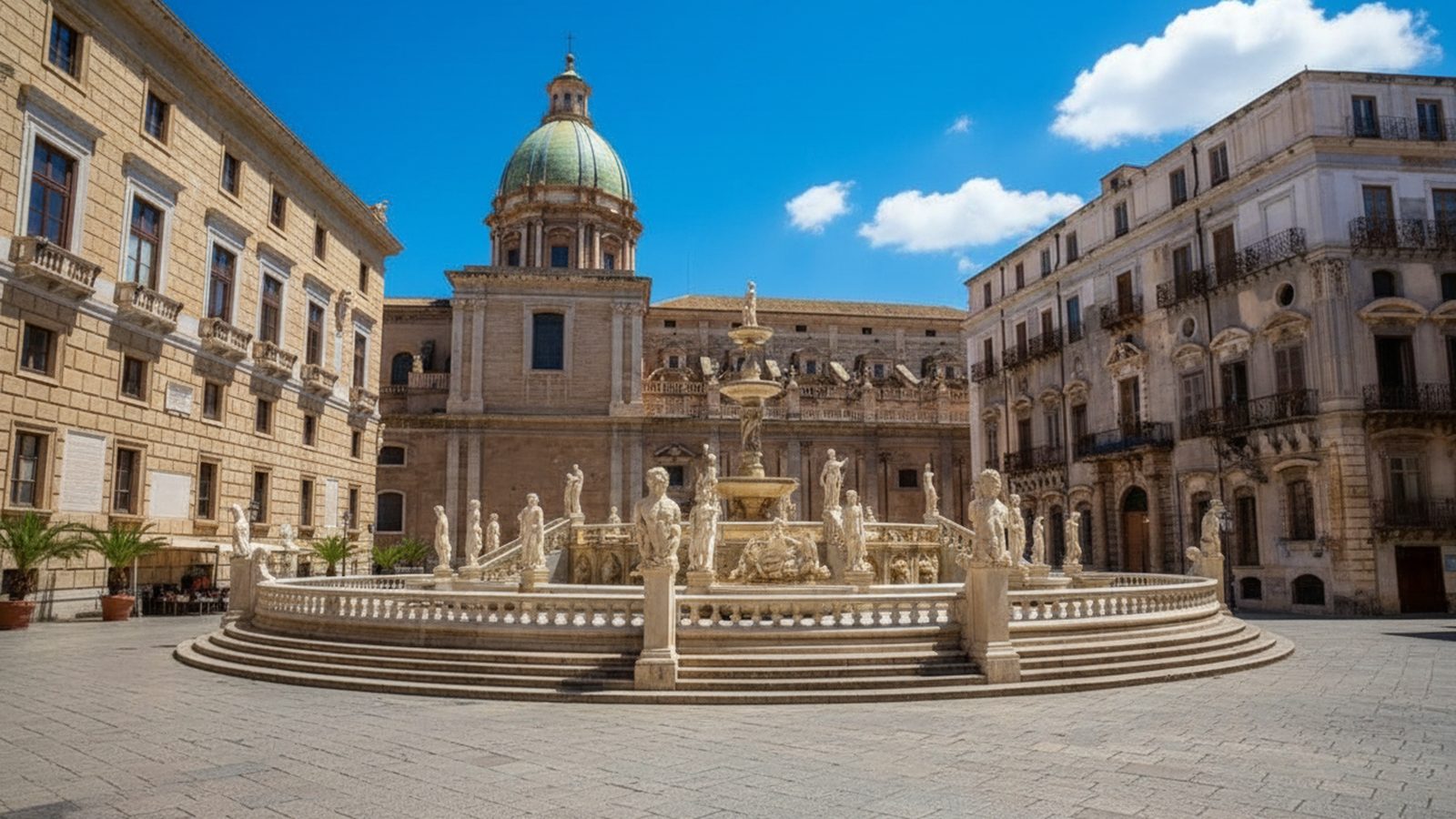La Fontana Pretoria con le statue in marmo, la cupola e i palazzi della piazza sotto il cielo azzurro